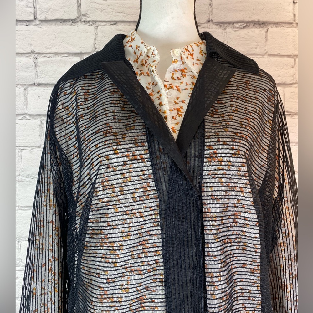 Akris Bohemian Bird Geometric Print Tunic Button Down Shirt Bell Sleeves Size 14 - Picture 15 of 16